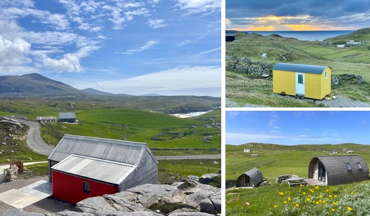 Mangersta Steading a vernacular cottage on a rocky hill overlooking rugged hills, sloping down to a beach. A Shepherd's Hut and two wooden cabins. Mangersta Steading a vernacular cottage on a rocky hill overlooking rugged hills, sloping down to a beach. A Shepherd's Hut and two wooden cabins.